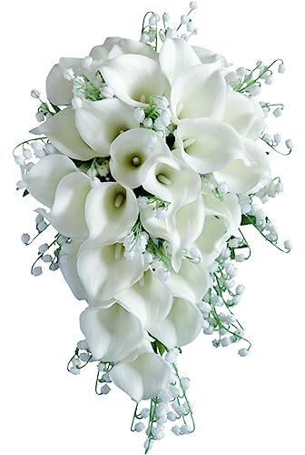 Bouquet de Mariage pour mariée, lys Calla Blanc en Cascade, Cascade, Bouquet de Fleurs artificielles en Cascade pour cérémonie de Mariage et Anniversaire de Mariage, décoration d'intérieur, A