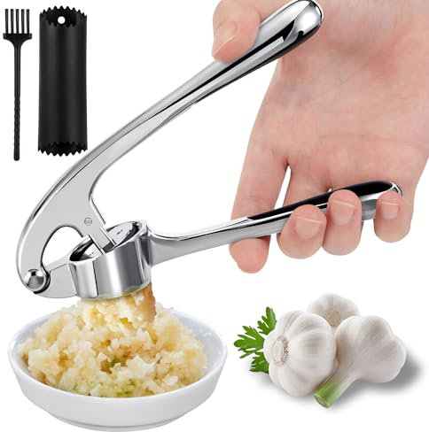 Knoblauchpresse, Knoblauchschneider Praktisches Küchenwerkzeug Enthält Silikon Knoblauchschäler Und Reinigungsbürste Leicht Zu Reinigen Zum Extrahieren Von Mehr Knoblauchpaste Silber