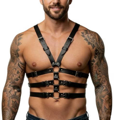 Pfylinqo Men's Leather Body Chest Harness Adjustable Leather Chest Strap for Men Fetish Men's Bondage Restraints Sex Cosplay Costume Clubwear Punk Gothic Slave Bandage Costumes Party Club Outfits