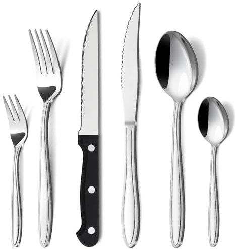 Hunnycook Set di 36 Posate in Acciaio Inox di Alta Qualità per 6 Persone - Elegante Set Con Coltelli da Bistecca, Forchette, Cucchiai per la Casa