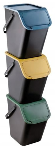 Practic Bini Lot de 3 poubelles empilables avec couvercle avec système à clic - Système de tri sélectif des déchets de cuisine - 3 poubelles avec couvercle - 3 x 25 l - Filtre inclus