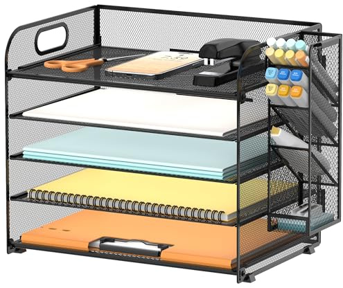 SUPEASY 5 Tier Desk Organizer with Handle & Removable Pen Holders, Mesh Paper/File Organizer for Desk, Paper Letter Tray Organizer for Office Supplies (Black)