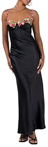 Edhomenn Women's Black Satin Maxi Dress, S; Backless, Spaghetti Strap, Bodycon, Floral Wrap, Vintage, Ankle Length