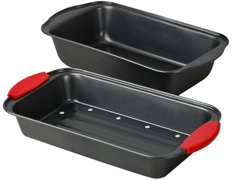 PERLLI Nonstick Meatloaf Pan with Drip Tray Insert – High-Carbon Steel Bakeware with Silicone Grips – Ideal for Baking Bread, Cake, and Roasting Meat in the Oven - 2-Piece Set