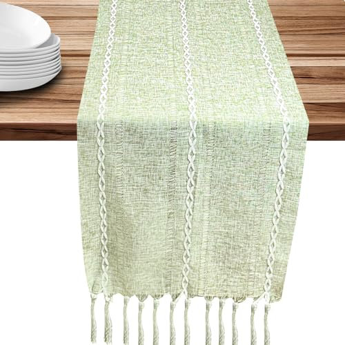 Tischläufer Salbeigrün Boho, Baumwolle Table Runner mit Hand Quasten, Makramee Leinen Tischdecke für Partys, Hochzeit Tabletop Dekor, Esszimmer Dekor - 33 x 183cm