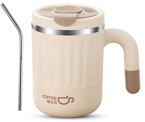 Kytpyi - Taza isotérmica con tapa para café, 480 ml, impermeable, con paja, tapa para café y bebidas, acero inoxidable, antiquemaduras, para casa, oficina, viaje, color beige