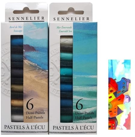 Sennelier Set mit trockenen Pastellkreiden, 12 halbe Pastellfarben, weiche Pastellkreiden mit Ecru, am Meer und 1 Karte