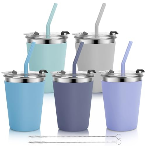 Vermida Stainless Steel Kids Cups with Lids and Straws Leakproof, 5 Pack 12oz Spill Proof Cups for Toddlers Kids Tumblers Unbreakable Sippy Cup with Straws for School, Outdoor