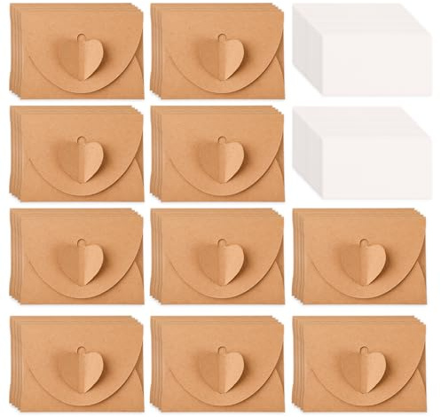 BigKego 50 sobres pequeños de papel de estraza con tarjetas en blanco, mini sobres vintage con cierre de corazón para manualidades, tarjetas de agradecimiento, invitación, tarjetas de cumpleaños