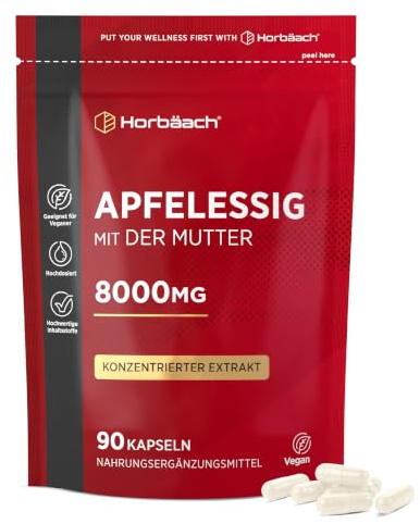 Äppelcidervinäger 8000mg | Med Moder | Hög Dos 90 Veganska Kapslar | Apple Cider Vinegar Extrakt Kosttillskott | av Horbaach