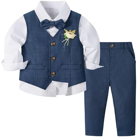 Volunboy Trajes para Bebé Niños de Boda Ceremonia Fiesta, Conjunto de Chaleco, Camisa, Pajarita, Pantalón 4 Piezas (4-5 años, Azul Marino, Tamaño 120)