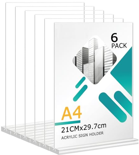 Soserkouer Lot De 6 Porte-Affiches En Acrylique A4, Support Double Face Vertical Transparent,Porte Menu Restaurant, Porte Affiche, Pour Restaurants, Hôtel, l'école,Bureau, Magasin