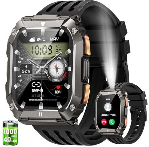 Smartwatch Uomo Militare con Torcia LED e 1000mAh Batteria, 2.01 AMOLED Smartwatch con Chiamate, 113 Modalità Sportive, 5ATM Impermeabile Orologio Fitness, Cardiofrequenzimetro/Sonno/SpO2 Android iOS
