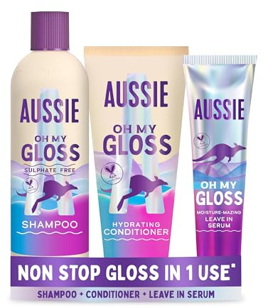 Aussie Oh My Gloss Shampoo & Conditioner Set + Leave in Serum Hair Treatment (300/200/160ml). Moisture & Shine Booster for Dull Hair, with Jojoba, Safflower & Macadamia Nut Oils. Vegan, Cruelty-Free