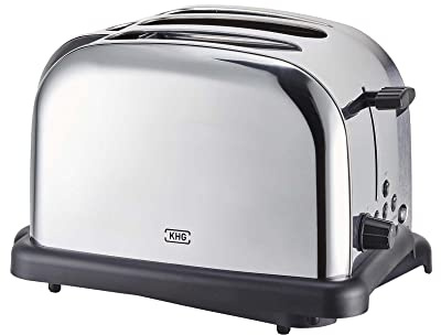KHG Edelstahl Toaster in Chrom Optik mit Brötchenaufsatz, 2 Scheiben | 6 Bräunungsstufen mit Bräunungskontrolle, Krümelfach | 1000W Leistung | Außengehäuse - Retro Vintage, American Diner Style