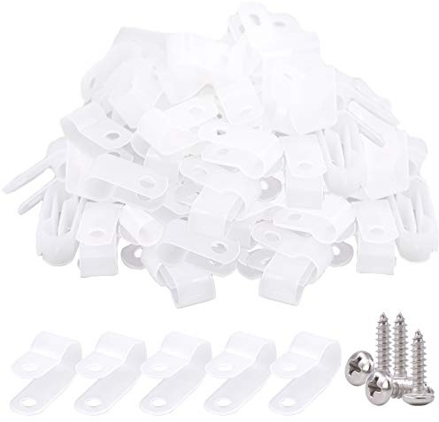 Glarks 120 piezas de 3/8 pulgadas de nylon blanco de montaje de tornillo tipo R abrazadera de alambre con 120 tornillos para cable, conducto y kit de conducto de cable (blanco)