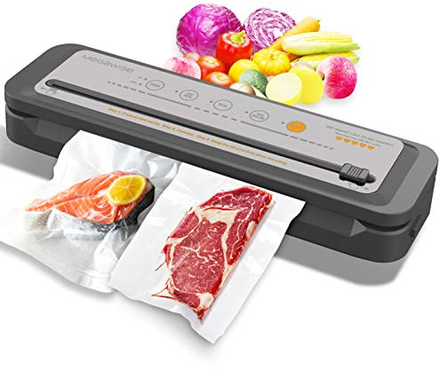 Machine sous vide MegaWise - Aspiration puissante de 80 kPa, coupe-aliments intégré, fonctionnement par simple pression, 10 sacs sans BPA inclus, modes sec et humide (Gris)