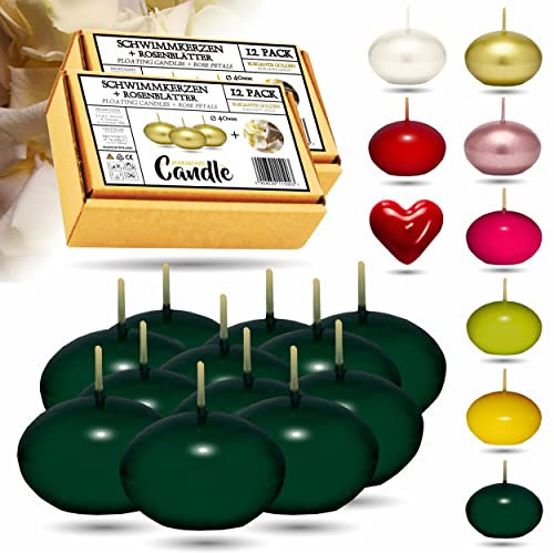 CANDLE HARMONY© Schwimmkerzen 24 STK Ø 40 mm mit GRATIS 100x Rosenblätter Festliche Farben Schwimmkerze Zuhause Geburtstag Valentinstag Ostern Weihnachten Candles Kerzen für Damen (Grün)