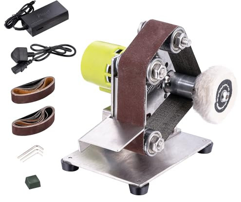 TOPWAY Lijadora de Banda Eléctrica Mini, Máquina de Pulir y Lijar de Banda Multifunción con 7 Velocidades Ajustables y 20 Cintas de 330x30 mm y Rueda de Pulido de Tela para Metal y Carpintería