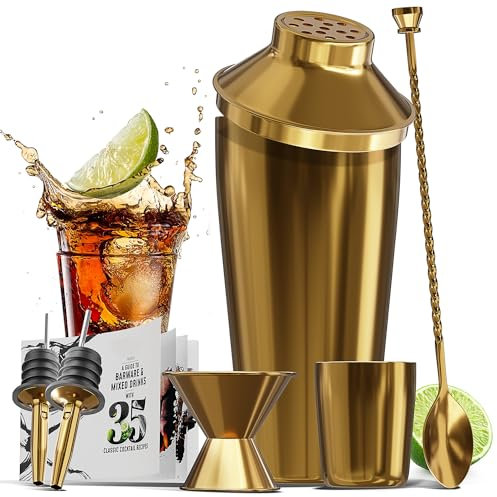 Bar Set Cocktail Shaker Set Bartender Kit, 8 Piece Gold Cocktail Set, Mixology Bartender Kit, Steel Drink Shakers Cocktail Kit, Bar Accessories: 24oz Martini Shaker, Muddler, Cocktail Book and More