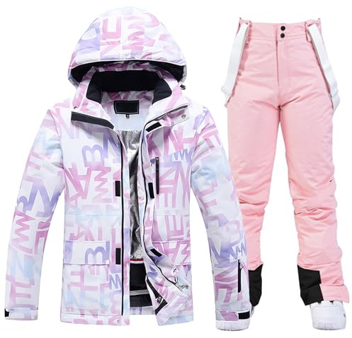 ALSOGO Damen Skijacke & Skihose Set Skianzug 2 teilig Schneeanzug Wasserdicht Schneejacke Winddichte Schneehose mit Abnehmbare Kapuzen Trägern zum Skifahren Snowboarden TY304 Pink M