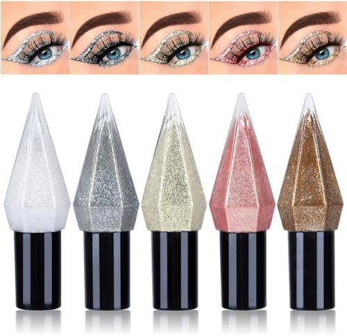 Ingzy 5 pcs Diamant Eyeliner Paillettes Set, Métallique Eye-liner Liquide Imperméable Longue Durée, Multi-Usages Kit de Maquillage Cadeau Fête des Mères Anniversaire pour Maman Femme Petite Amie