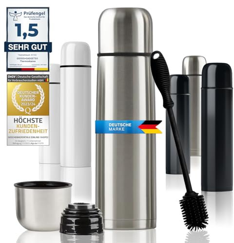 Edelstahl Thermosflasche mit Becher & Bürste; Thermoskanne Doppelwandige Isolierkanne; Auslaufsicher, Spülmaschinenfest & BPA-frei + Reinigungsbürste; hält Getränke heiß & kalt (Silber - 500 ml)