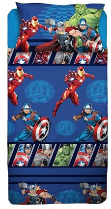Avengers Single Bed Sheet Set, Disney Single Bed Set, Top Sheet, Fitted Sheet, Pillowcase, Blue, Marvel, Disney, 100% Cotton, Official Product