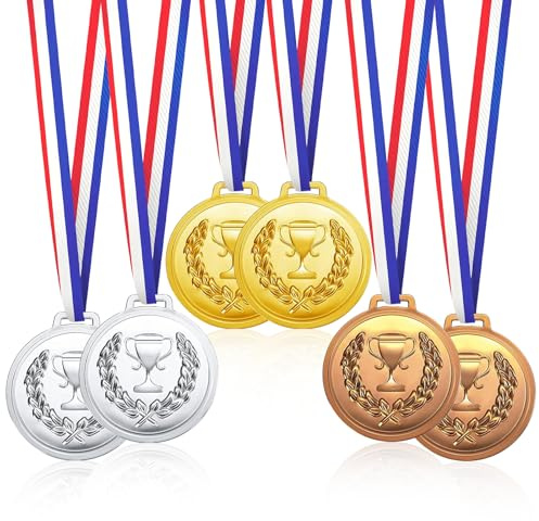MODEQQ 6 Pièces Set Medaille 6 cm avec Rubans, Médailles d'or en Plastique pour Decoration Jeux Olypiqus (C)