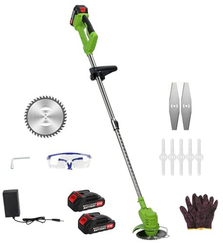 Akku Rasentrimmer mit Akku und Ladegerät 3 in 1 Bürstenloser Akku Freischneider Elektro Motorsense mit 2 21 V 2.0Ah Akku und Ladegerät Teleskoprohr, 90°Schwenkbarem Kopf für Garten, Trimmen Grun
