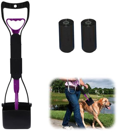 Klappbares Hundekotschaufel Set mit Abfallbeutel, 45cm Tragbare Hundekotgreifer mit Langem Griff, Pooper Scooter für Hunde und Katzen, Spaziergänge, Garten (Lila)