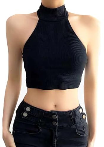 HSAJS Débardeur Femme Crop Top D'été Sexy Tank Tops sans Manches à Col Roulé Dos Nu Basique Élégant Décontracté Élastique Shirts