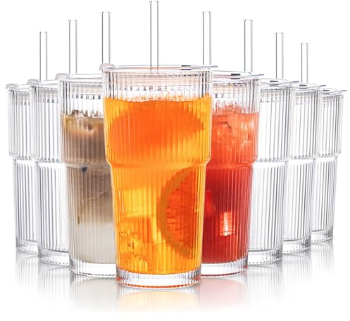 INSETLAN 20 oz Ribbed Glass Tumblers with Lids and Glass Straws – 4-Piece Glassware Set, Thickened Wall, Ideal for Iced Coffee, Smoothies, Cocktails, and Juices – Elegant and Durable Drinkware