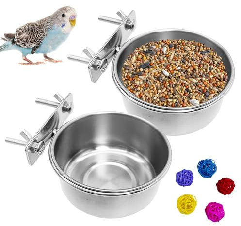 Hamiledyi Bird Feeding Bowl Stainless Steel Birds Cage Bowl Parrot Bowls, Bird Feeding Dish Cups Birdcage Coop Water Feeder for Parakeet Finches Conure Budgie Lovebirds (2 Pack, Small Double Screw)