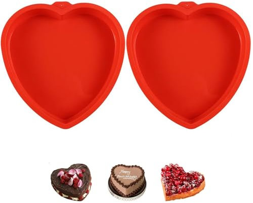 2PCS Heart Cake Tin, Heart Baking Tin, Heart Shaped Cake Tin, Silicone Love Heart Baking Tin, Nonstick Red Cake Mould Heart Cake Pan, Silicone Cake Tin for Baking, Silicone Baking Mould (8'')