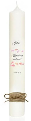 MilaBoo® personalisierte Kommunionkerze I 40 x 4 cm premium Kerze mit RAL I beidseitig bedruckt in Farbe I Made In Germany (Fische rosa)