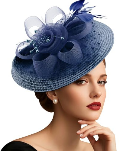 DRESHOW Mesh Damen Blume mit Perle Feder Fascinators Hut auf Einem Stirnband und Einem Gegabelten Clip Cocktail Tea Party Kopfbedeckung für Mädchen & Frauen Noble Kentucky Hut