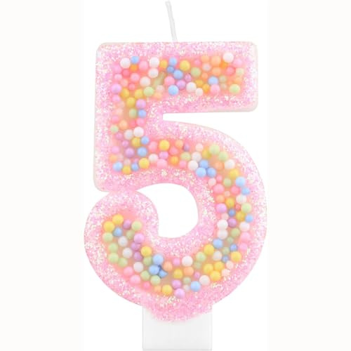 Bessy shop Velas de Cumpleaños,Vela Número 5 Rosa Macarrón con Glitter 3D para Tartas,Velas 3D para Cumpleaños,Decoración de Cumpleaños Infantil,Fiestas de Niñas