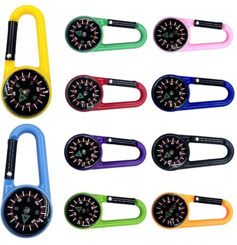 10pcs Carabiner Compass, Mini Compass Keychain Set for Outdoor Camping, Hiking Navigation, Kids Guide with Waterproof Bag