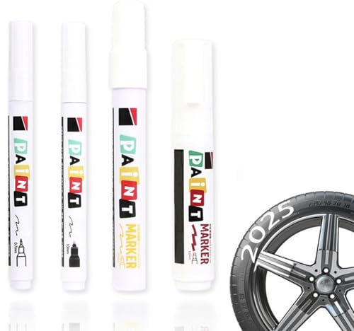WIRZUL Lot de 4 stylos à pneus blancs étanches 0.7mm/1mm/3mm/8mm, Marqueur Blanc Permanent pour verre dessiner sur la pierre, métal, bois, toile, plastique, tasse, verre, pneu