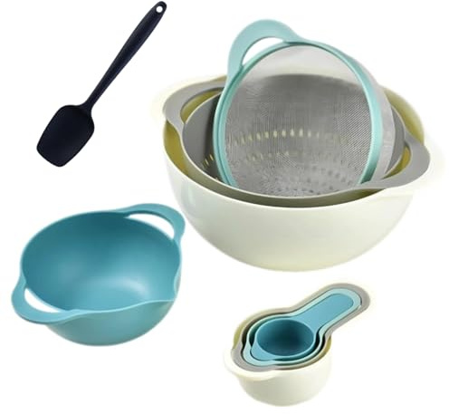 8 Piece Plastic Mixing Bowls Set with Handle, Nesting Bowls Includes Colander, Sifter and Measuring Cups for Kitchen Cooking, Baking & Food Prep, Dishwasher & Microwave Safe, Blue for Compact Storage