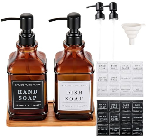 Pollock Dispensador Jabon Baño, 2 Piezas, 500 ml, con Bomba Negra de Acero Inoxidable, Dispensador Gel y Champu Ducha con 24 Etiquetas Impermeables para Cocina y Baño, Ámbar
