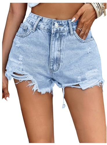 GORGLITTER Women's Y2k Denim Mini Shorts Ripped Raw Hem High Waisted Distressed Streetwear Jeans Shorts Light Blue X-Large