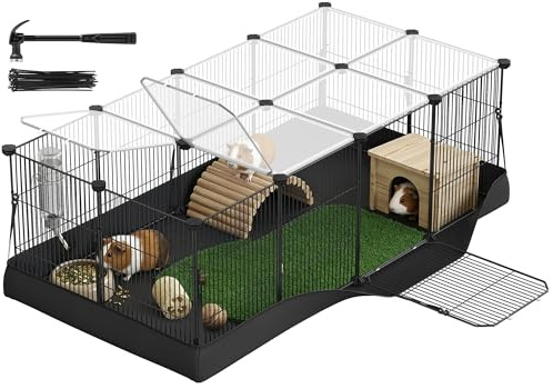 SONGMICS Guinea Pig Cage, Rabbit Cage, Small Animal Playpen with Waterproof Mat, Top and Side Door, 20 Panels, 48.4 x 24.8 x 16.3 Inches, Ink Black ULPI011BH01