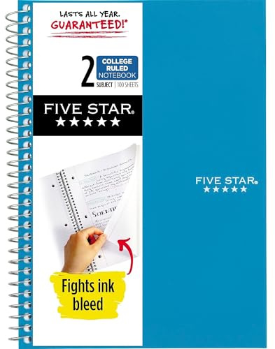 Five Star Spiral Notebook, 2 Subject, College Ruled Paper, 100 sheets, 9-1/2 x 6, Color Selected For You, 1 Count (06180)