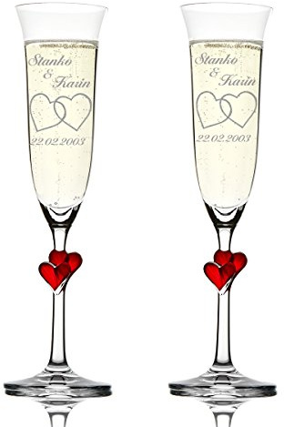 Polar-Effect Set di 2 calici da spumante personalizzati con nome e data, calici da spumante con cuori rossi, 175 ml, idea regalo per matrimonio, motivo due semplici cuori