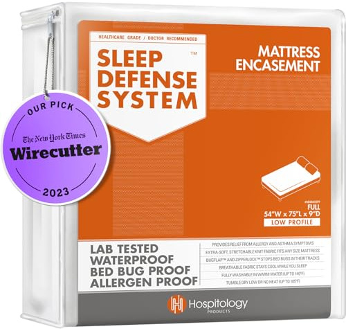 HOSPITOLOGY PRODUCTS Mattress Encasement - Zippered Bed Bug Dust Mite Proof Hypoallergenic - Sleep Defense System - Full/Double - Waterproof - Stretchable - Low Profile 9 Depth - 54 W x 75 L