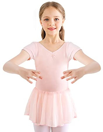 Kinder Ballettkleidung Mädchen Ballettkleid Kurzarm Langarm Balletttrikot Ballettanzug Tanzkleid Tanzbody aus Baumwolle mit Chiffon Rock Tütü (110, Rosa Kurzarm)