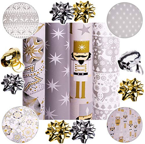 alles-meine.de GmbH 26 TLG. XXL Set: Geschenkpapier - Weihnachten - 8 Rollen + 14 Schleifen + 40 m Schleifenband - edel - Silber & Gold - Geschenkschleifen - Geschenkpapierset - ..