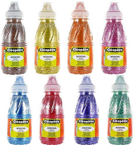 Cléopatre PP250X8A Glitzerfarben, Farblich Sortiert, 250 ml (8er Pack), 2000 Milliliter, Siena, Goldgelb, Orange, Magenta, Blau, Rot, Lila, Grün